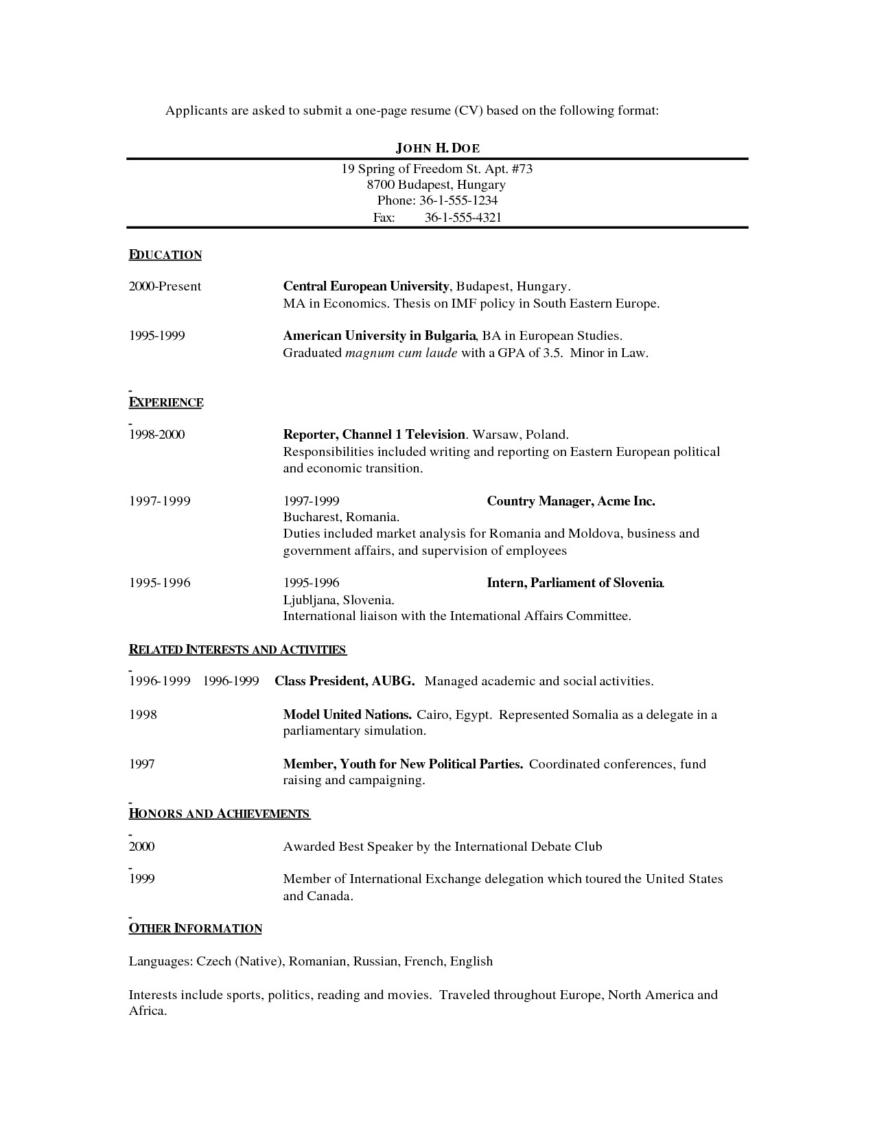 1 Page Resume Template Word One Page Resume Template E Commerce