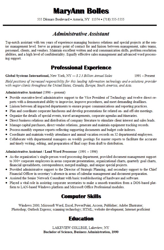Admin Resume Samples Free Sample Resume for Administrative assistant In 2016