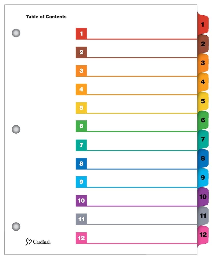 Colorful Blank Printable Avery Table Of Contents Template