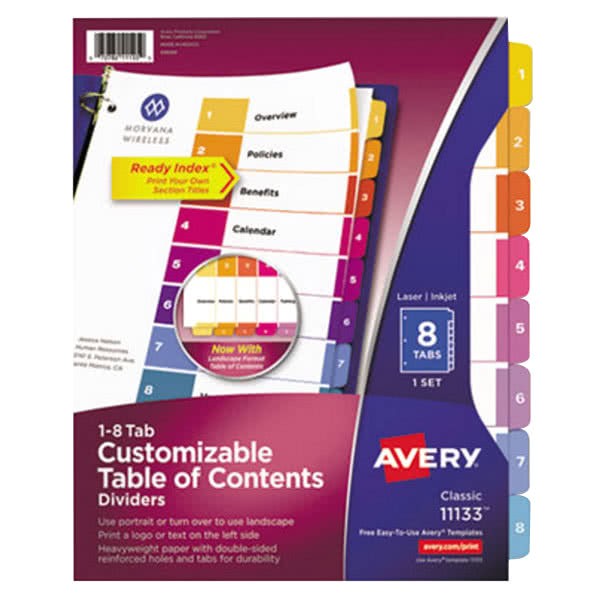 Avery 8 Tab Template 11133 Avery 11133 Ready Index 8 Tab Multi Color Table Of