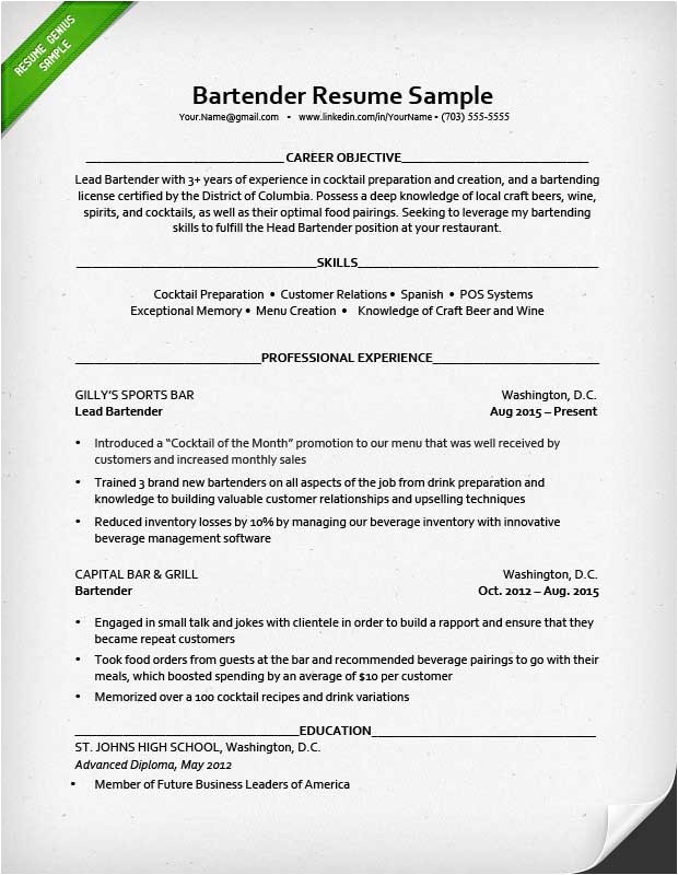 Bartender Resume Templates Bartender Resume Sample Resume Genius