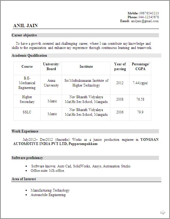 Best Resume Samples for Freshers Engineers Mechanical Engineer Resume for Fresher Resume formats