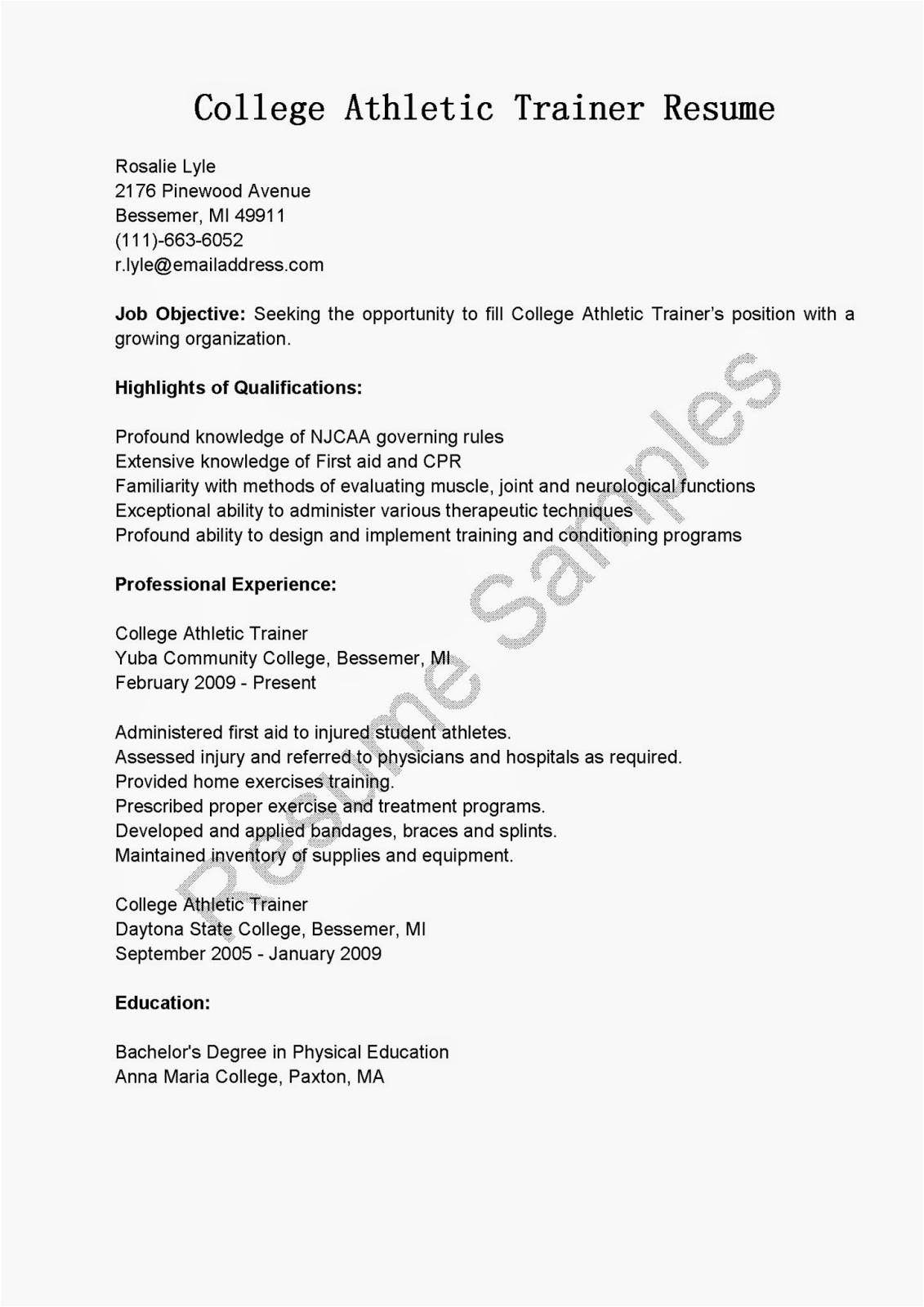 College athlete Resume Sample Resume Samples College athletic Trainer ...