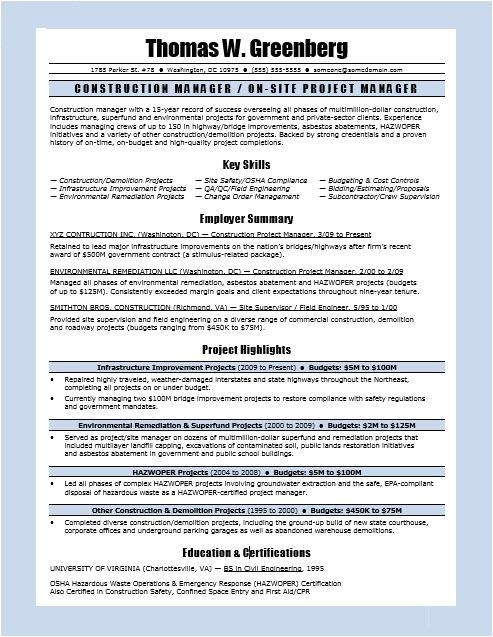 Construction Manager Resume Template Construction Manager Resume Sample Monster Com