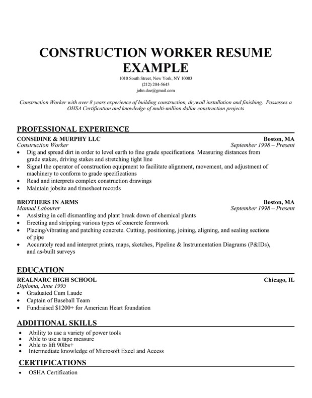 Construction Worker Resume Examples and Samples Construction Labor Resume Sample Resume Companion