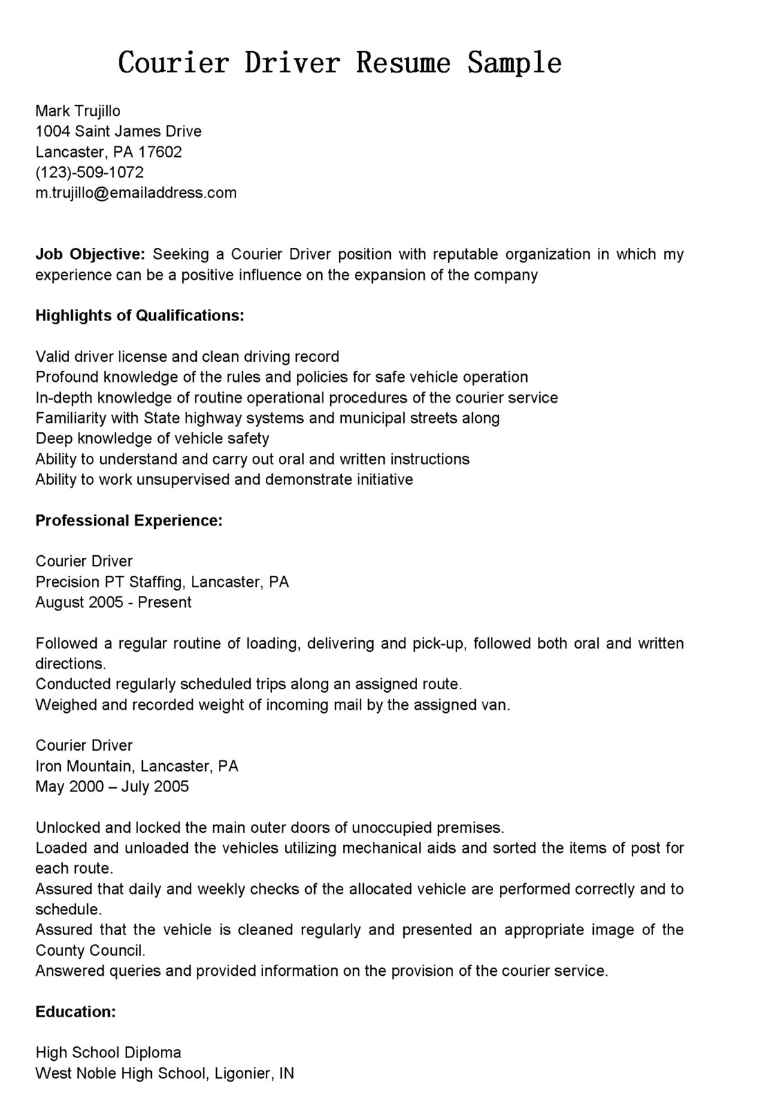 Courier Driver Resume Sample Driver Resumes Courier Driver Resume Sample
