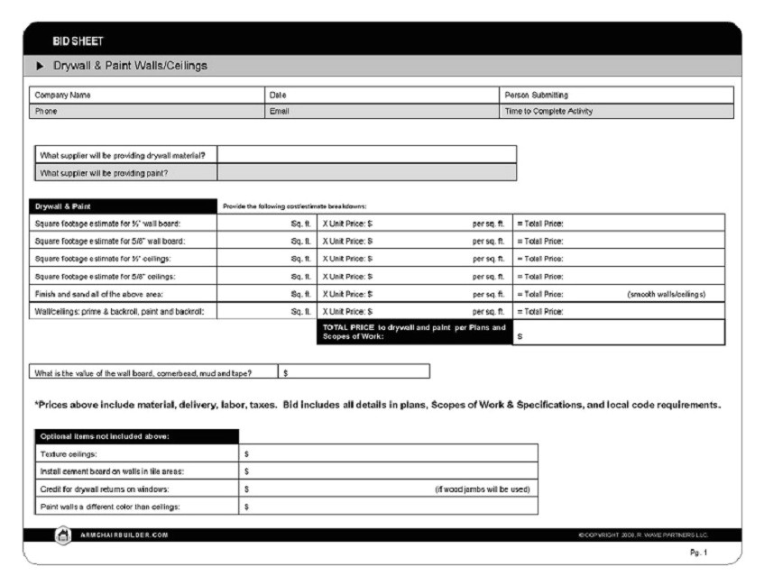 Drywall Bid Proposal Template Sample Bid Sheet