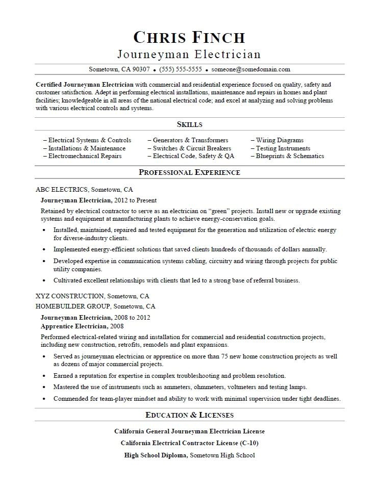 Electrical Resume Template Journeyman Electrician Resume Sample Monster Com