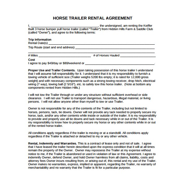 Equine Business Plan Template Sample Trailer Rental Agreement Template 7 Free