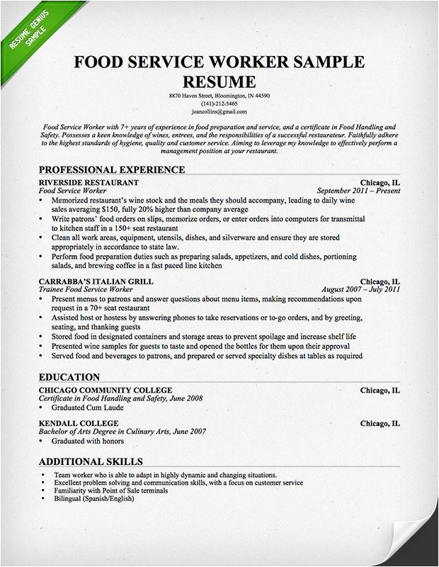 Food Industry Resume Templates Food Service Waitress Waiter Resume Samples Tips