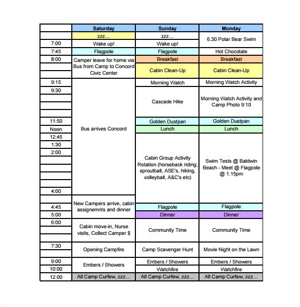 Free Business Plan Template for Summer Camp 13 Camp Schedule Templates Pdf Doc Xls Free