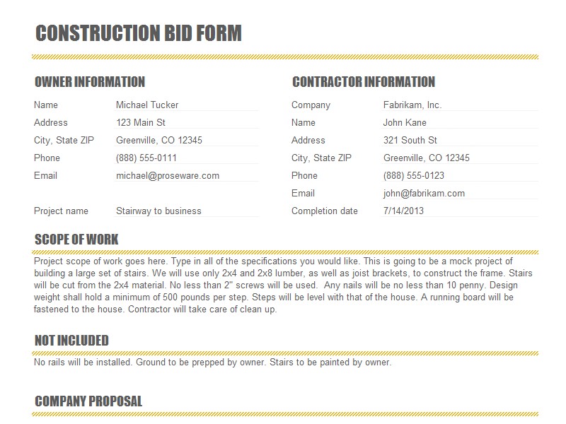 Free Construction Bid Proposal Template Download Construction Proposal Templates Open Door Construction