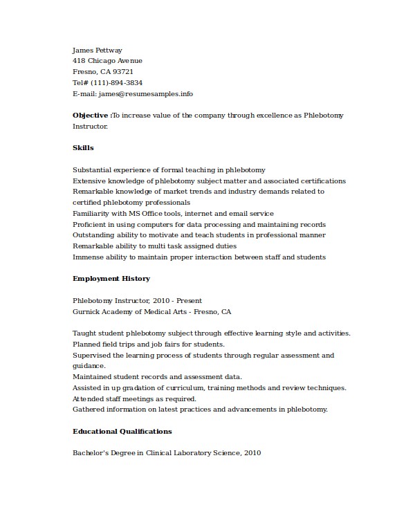 Free Phlebotomist Resume Templates 6 Phlebotomy Resume Templates Pdf ...