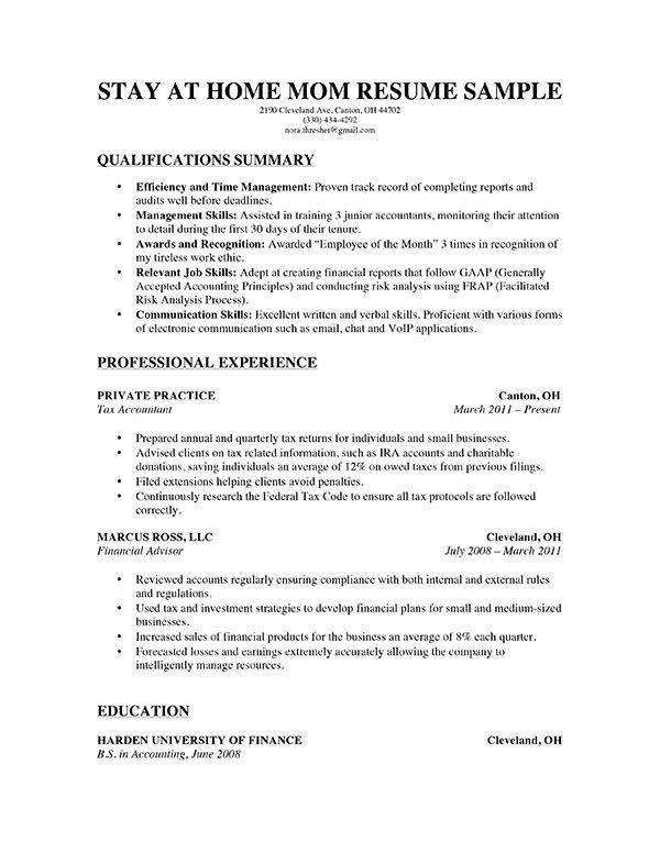 Free Resume Templates for Stay at Home Moms A Stay at Home Mom Resume for Parents with A solid Amount