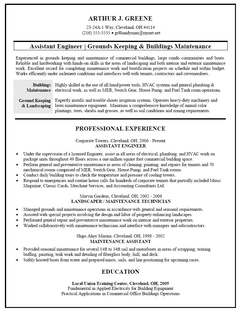 Grounds Maintenance Resume Samples Resume Sample for Facilities and Building Maintenance