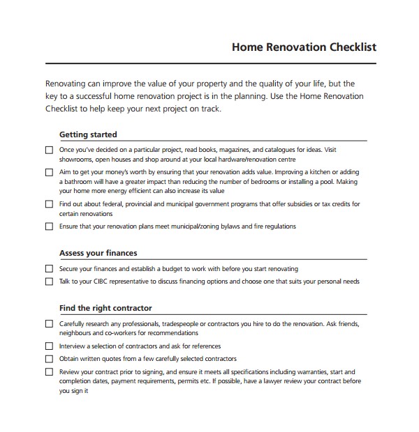 Home Renovations Business Plan Template 10 Renovation Checklist Templates to Download Sample