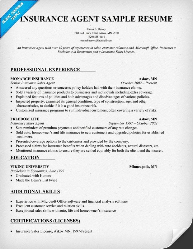 Insurance Resume Template Insurance Agent Resume Sample for Work Pinterest