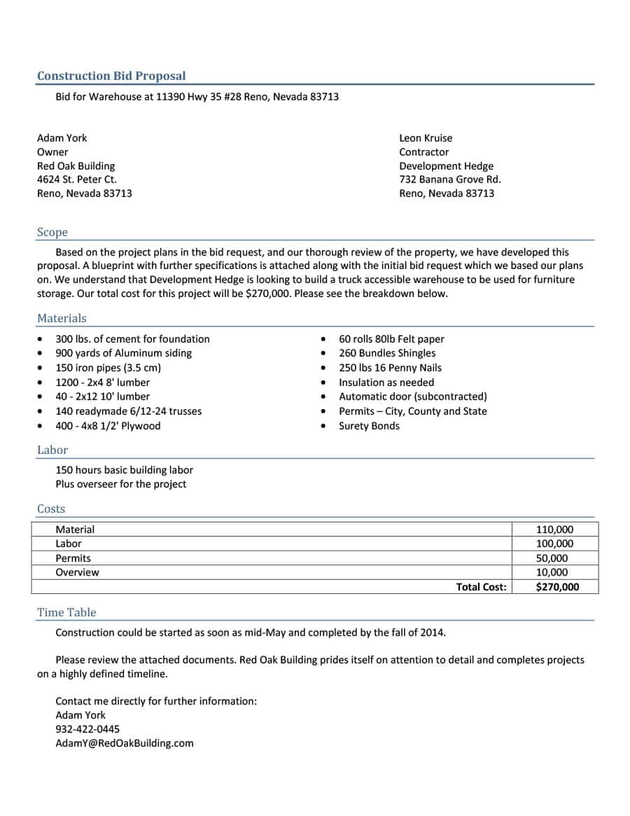 Moving Proposal Template 31 Construction Proposal Template Construction Bid forms