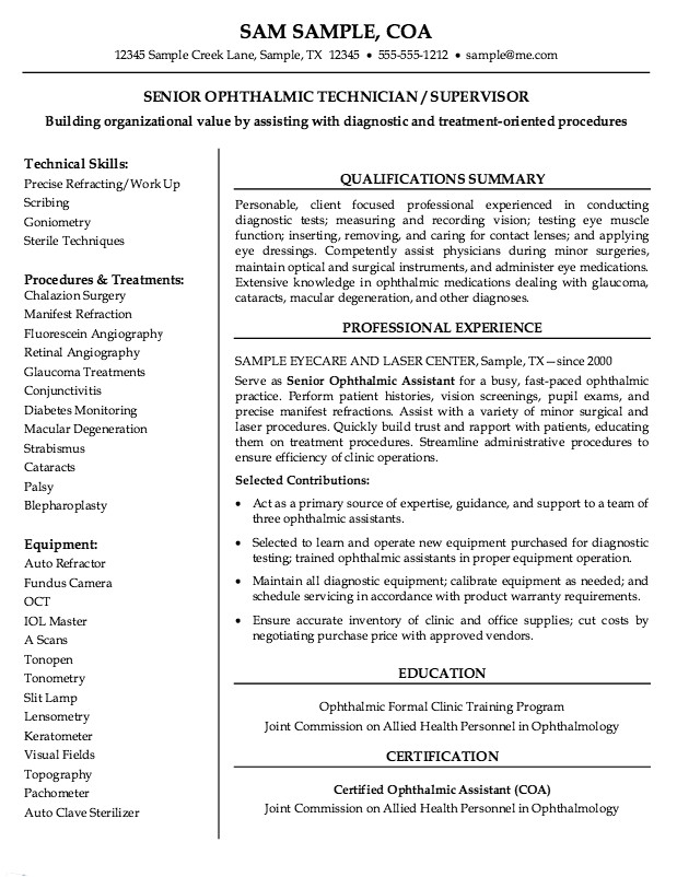 Ophthalmology Technician Resume Samples Ophthalmic Technician Resume Sample Free Resume Sample