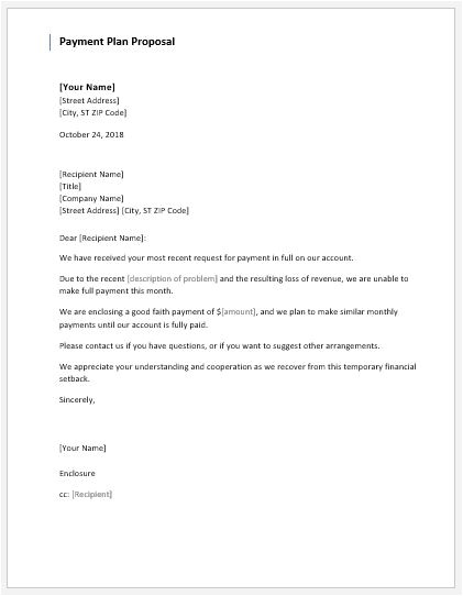Payment Plan Proposal Letter Template Payment Plan Proposal Letter to Creditor Word Document