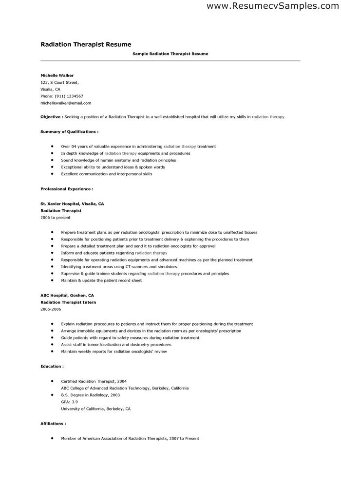 Radiation therapy Resume Templates Example for Radiation therapist Resume Radiation therapy