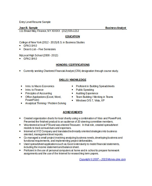 Resume Samples for Business Analyst Entry Level 8 Business Analyst Resumes Free Sample Example format