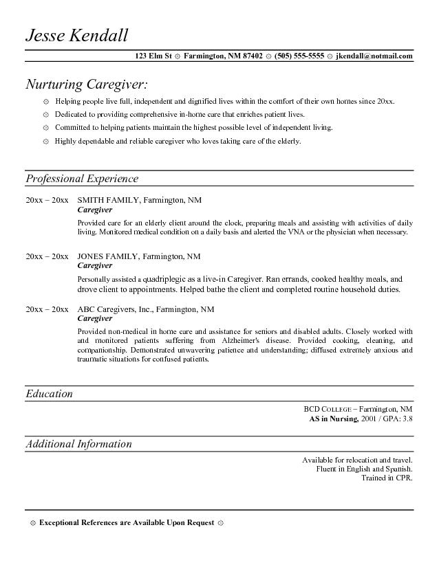 Resume Template for Caregiver Position Caregivers Resume Free Excel Templates