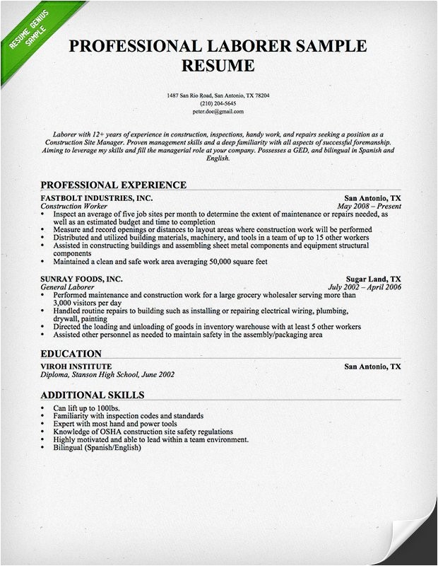 Resume Template for Construction Construction Worker Resume Sample Resume Genius