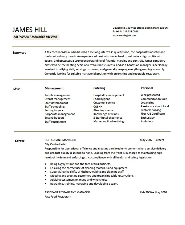 Resume Templates for Restaurant Managers Restaurant Manager Resume Template 6 Free Word Pdf