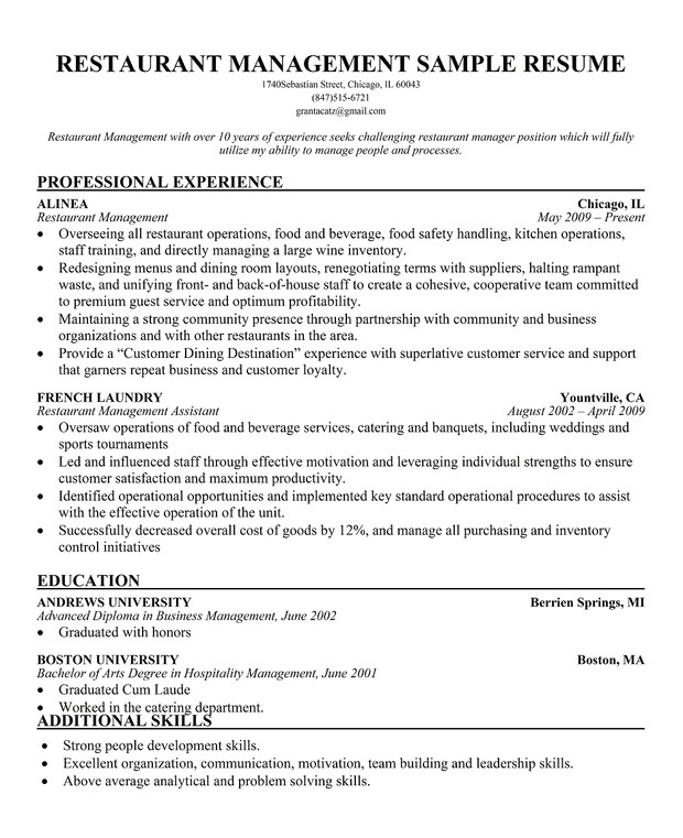 Resume Templates for Restaurant Managers Resume Of Restaurant Manager