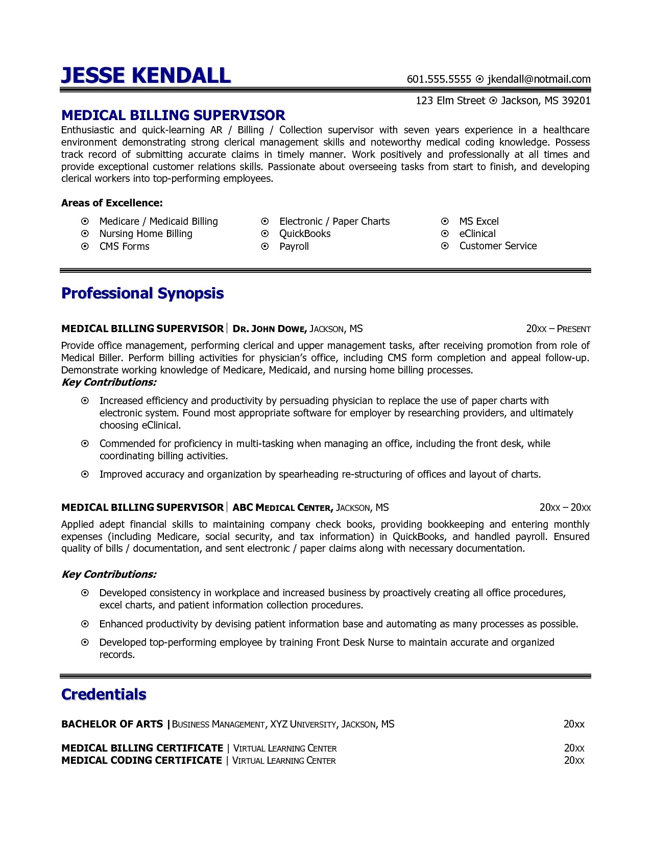 Sample Medical Billing Resume Templates Medical Billing and Coding Resume Example