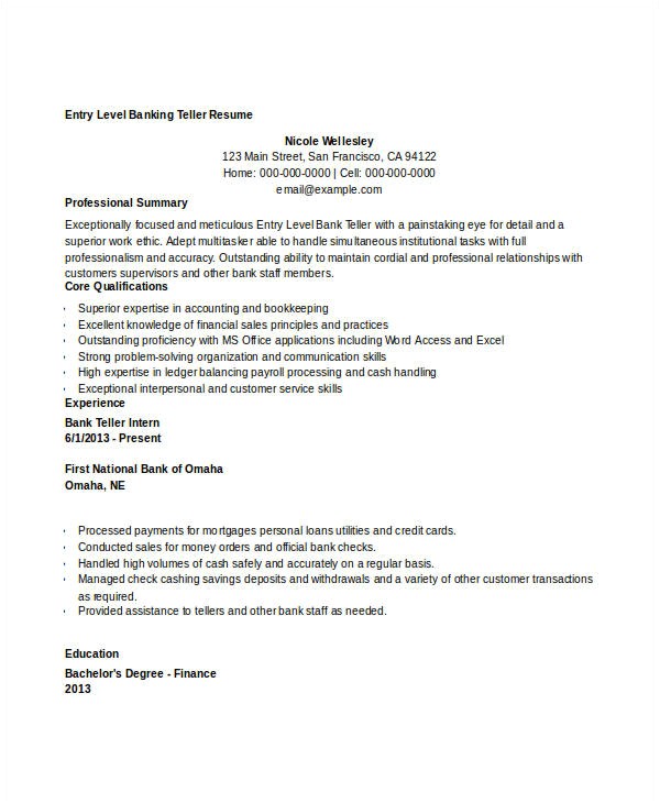 Sample Resume for Bank Teller at Entry Level Free Banking Resumes 43 Free Word Pdf Documents