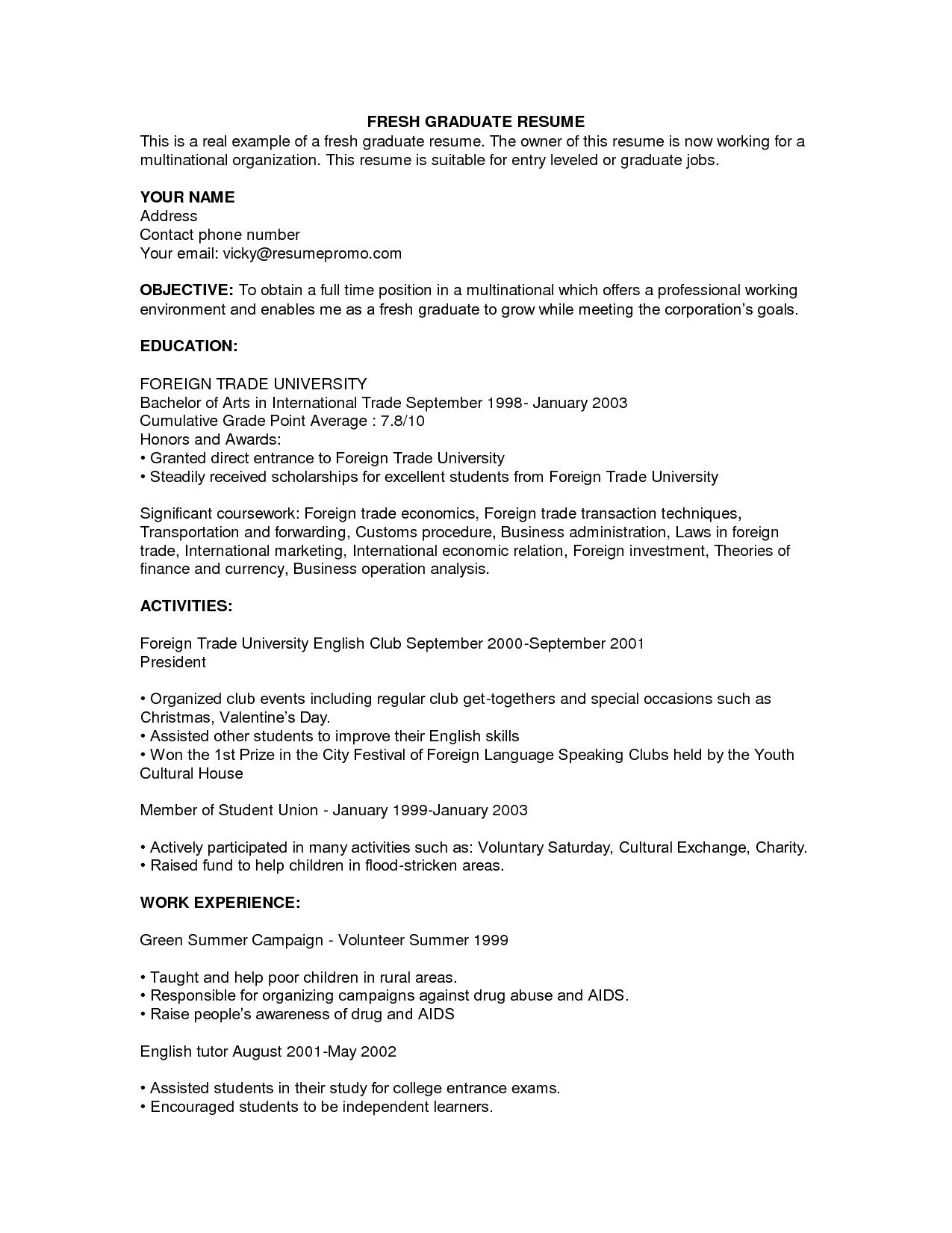 sample resume for fresh graduate without work experience