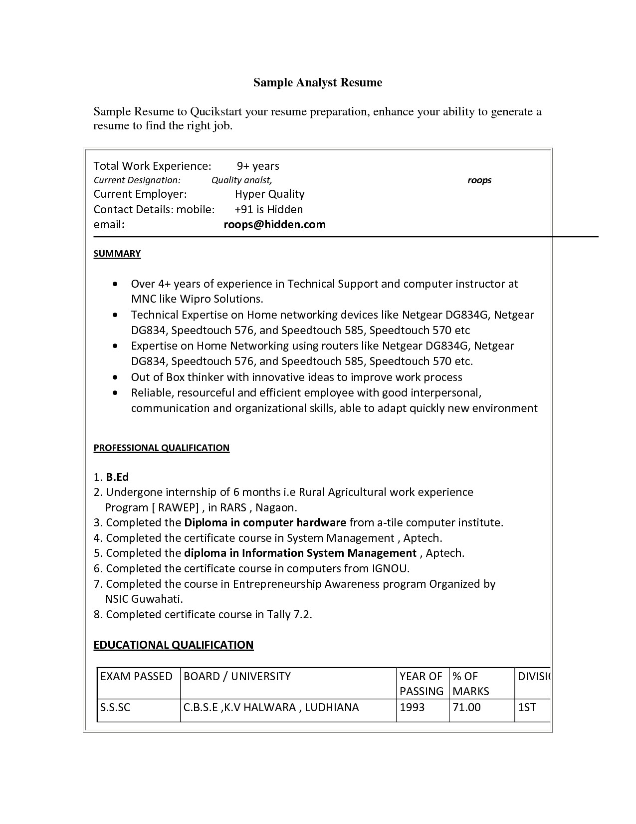 resume format for quality analyst in bpo