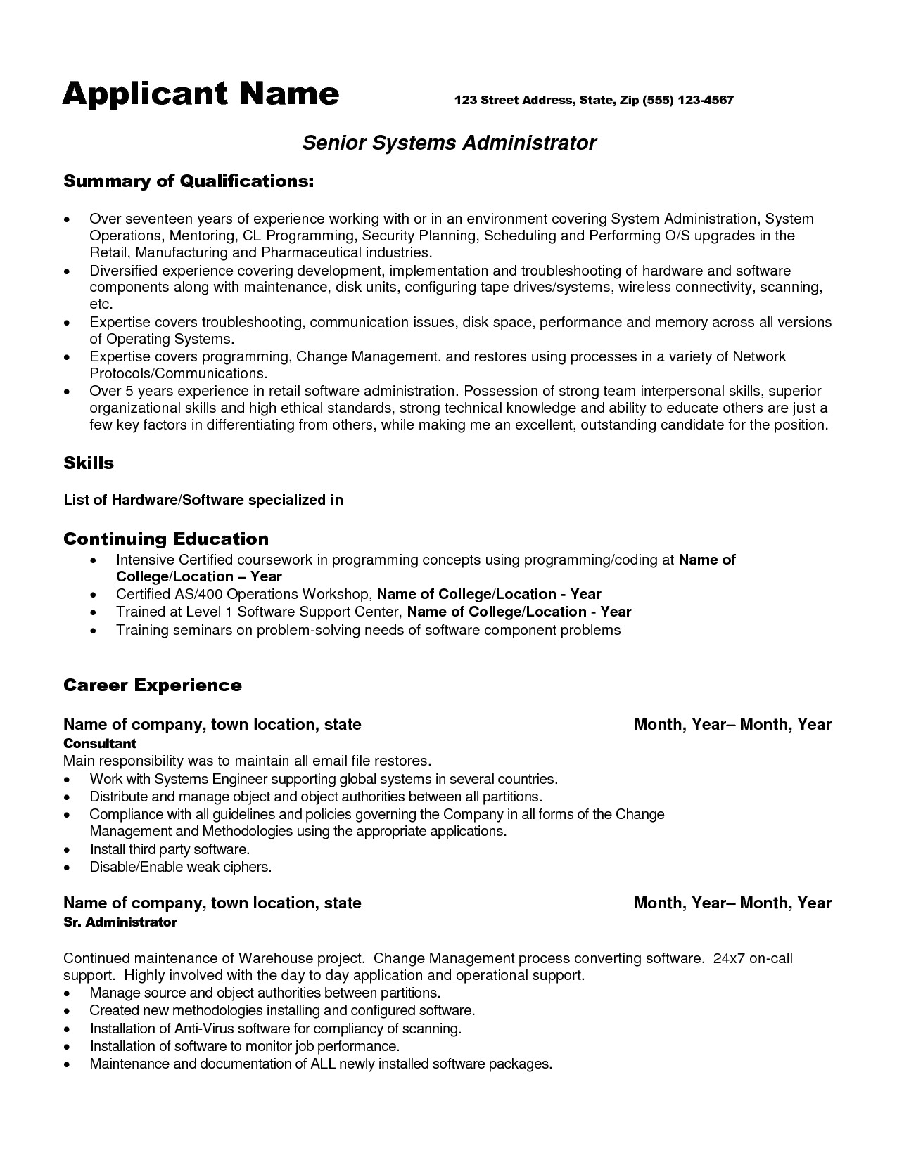 system administrator resume format for fresher