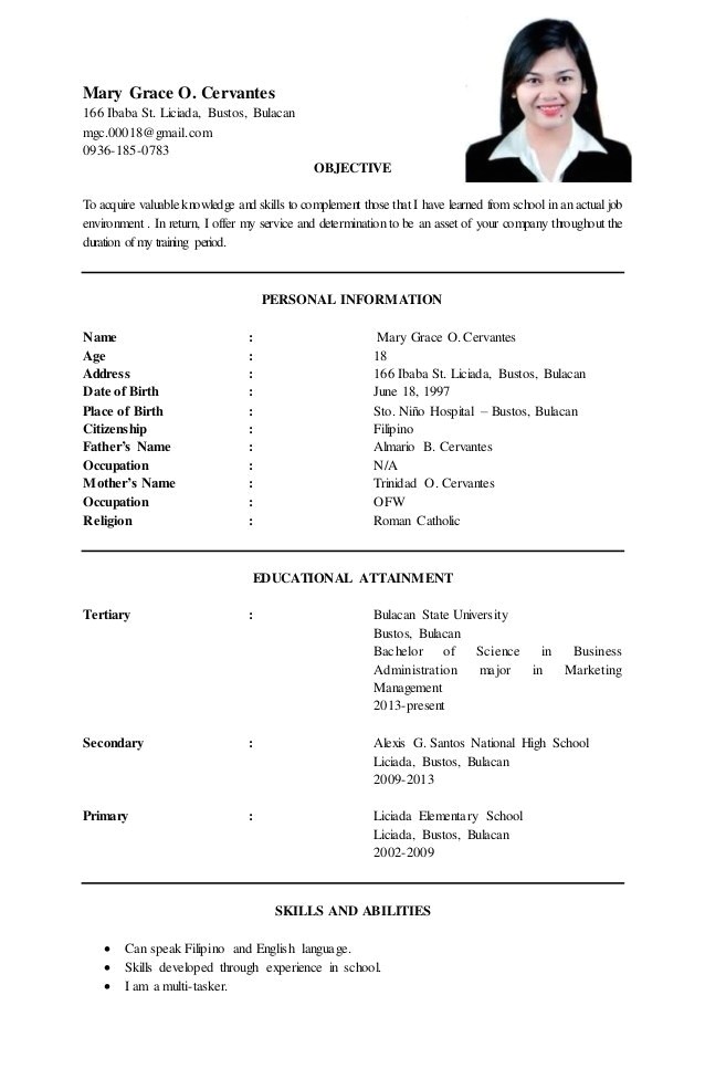 Sample Resume for tourism Students Resume format for Ojt Sample Skills tourism Students