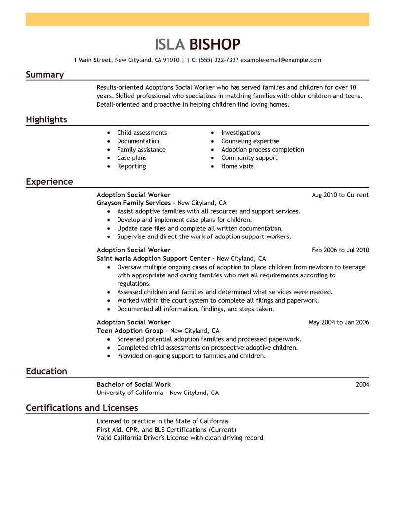 Sample social Work Resume Best Adoptions social Worker Resume Example Livecareer