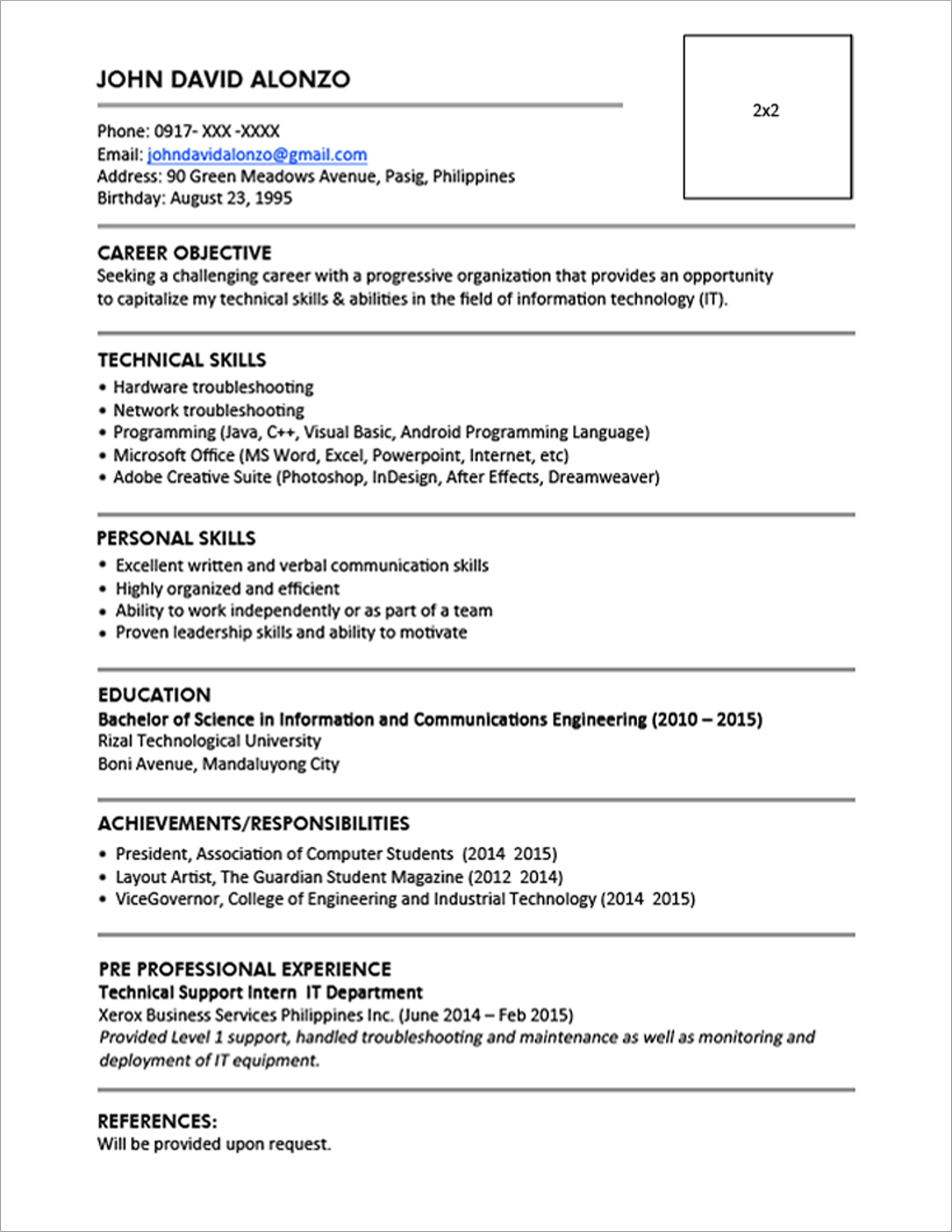 Single Job Resume Template Sample Resume format for Fresh Graduates One Page format