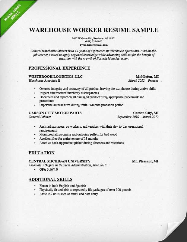 Warehouse Resume Templates Warehouse Worker Resume Sample Resume Genius