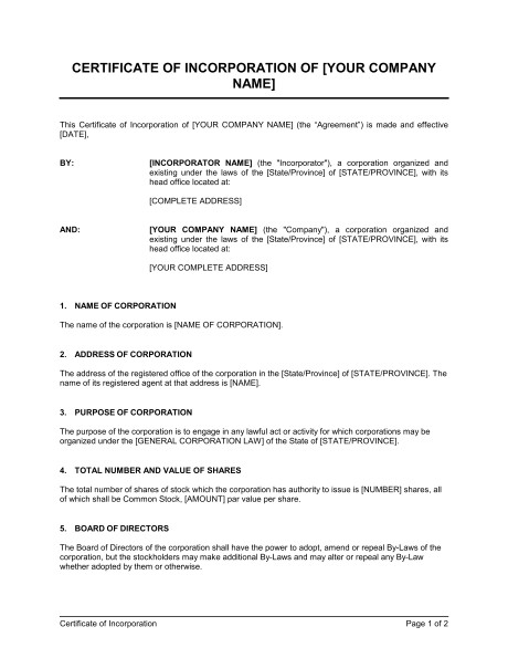 Certificate Of Incorporation Template Word Certificate Of Incorporation Template Sample form