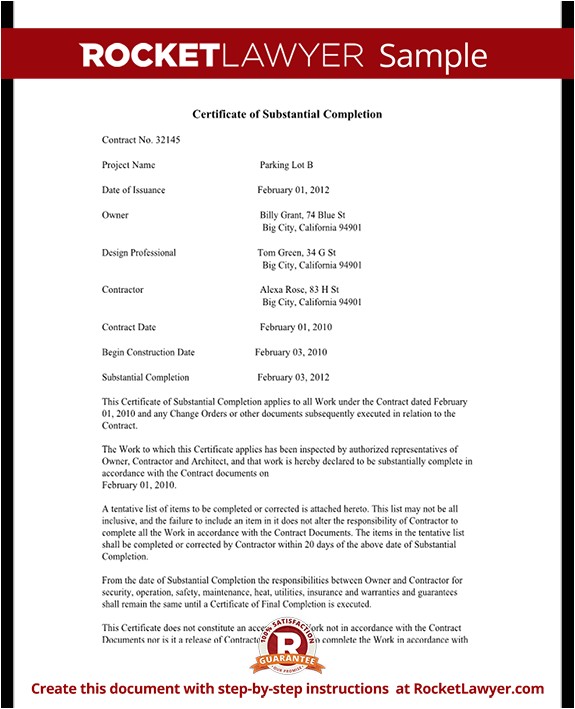 Certificate Of Substantial Completion Template Certificate Of Substantial Completion form for