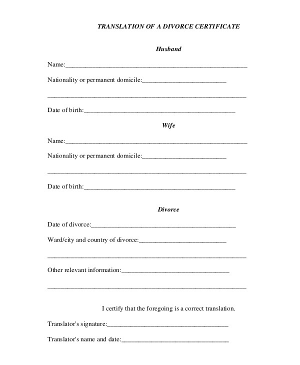 Divorce Certificate Translation From Spanish to English Template