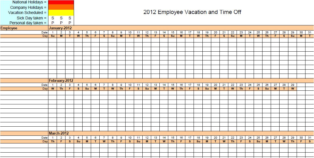 Employee Time Off Calendar Template 4 Vacation Schedule Templates Excel ...