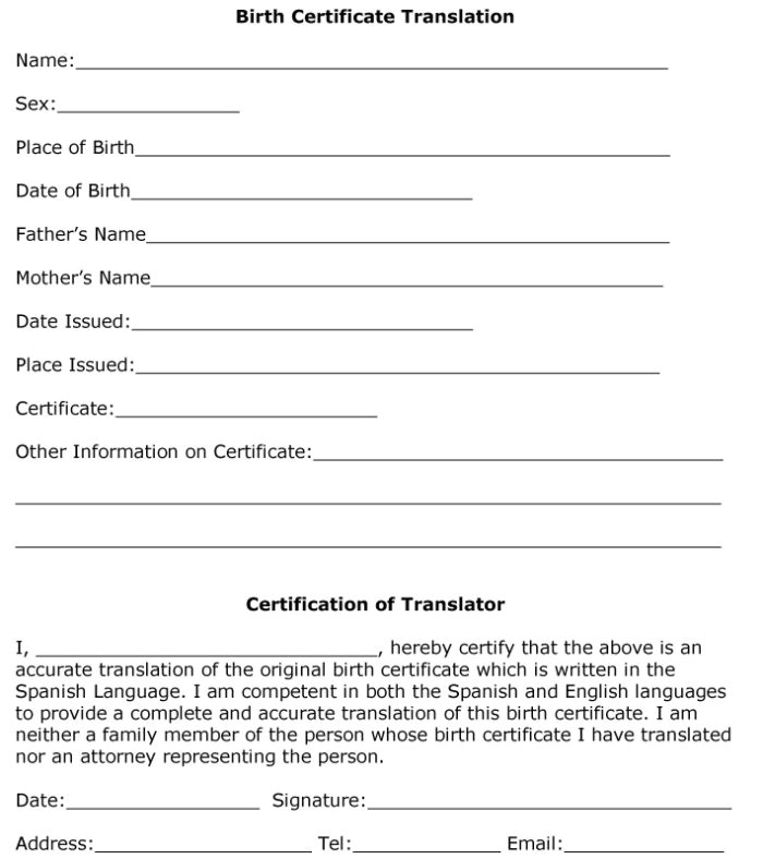 Free Birth Certificate Translation Template From English to Spanish Birth Certificate Translation Template Spanish to English
