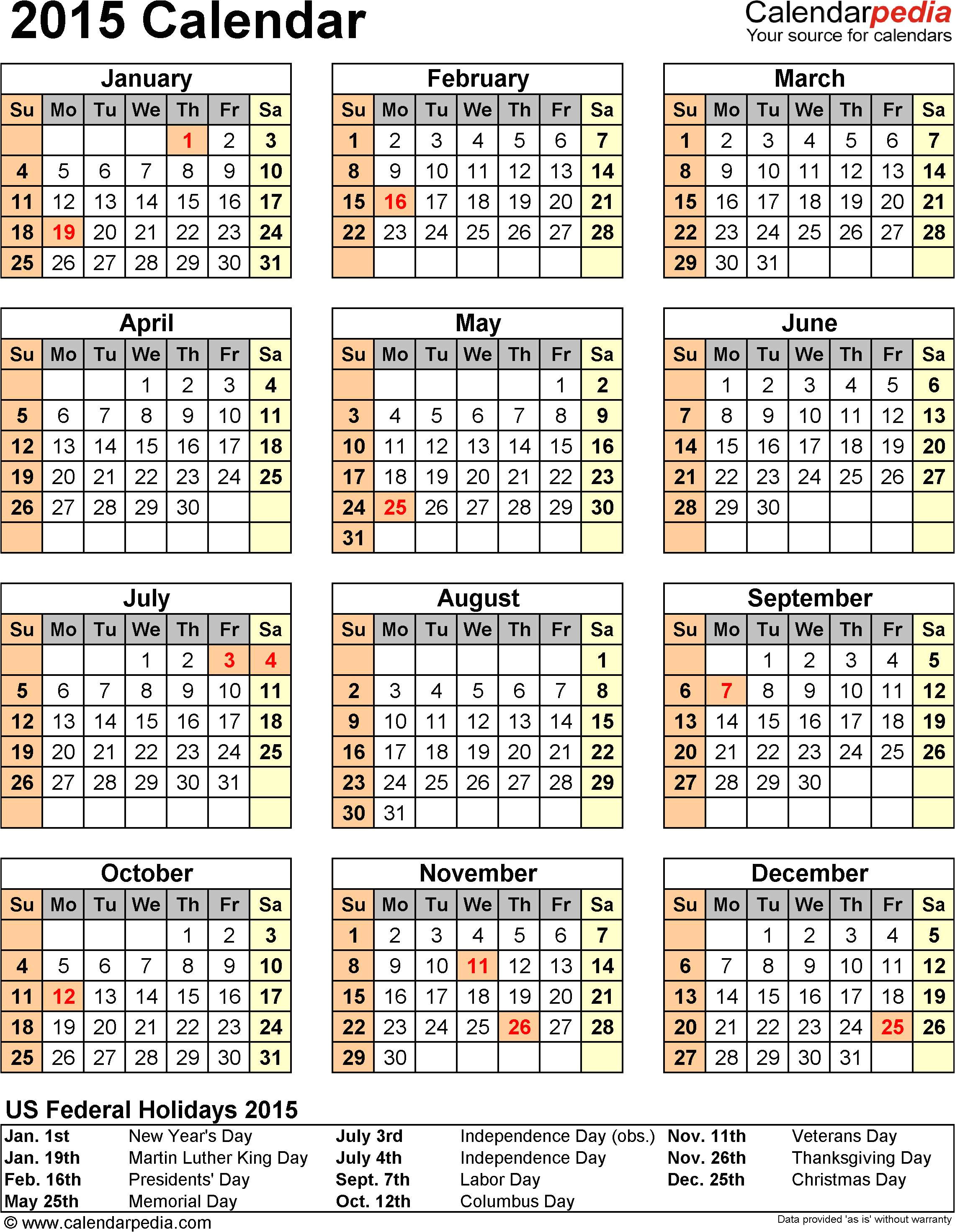 2015 Holiday Calendar Template 2015 Calendar with Federal Holidays Excel Pdf Word Templates