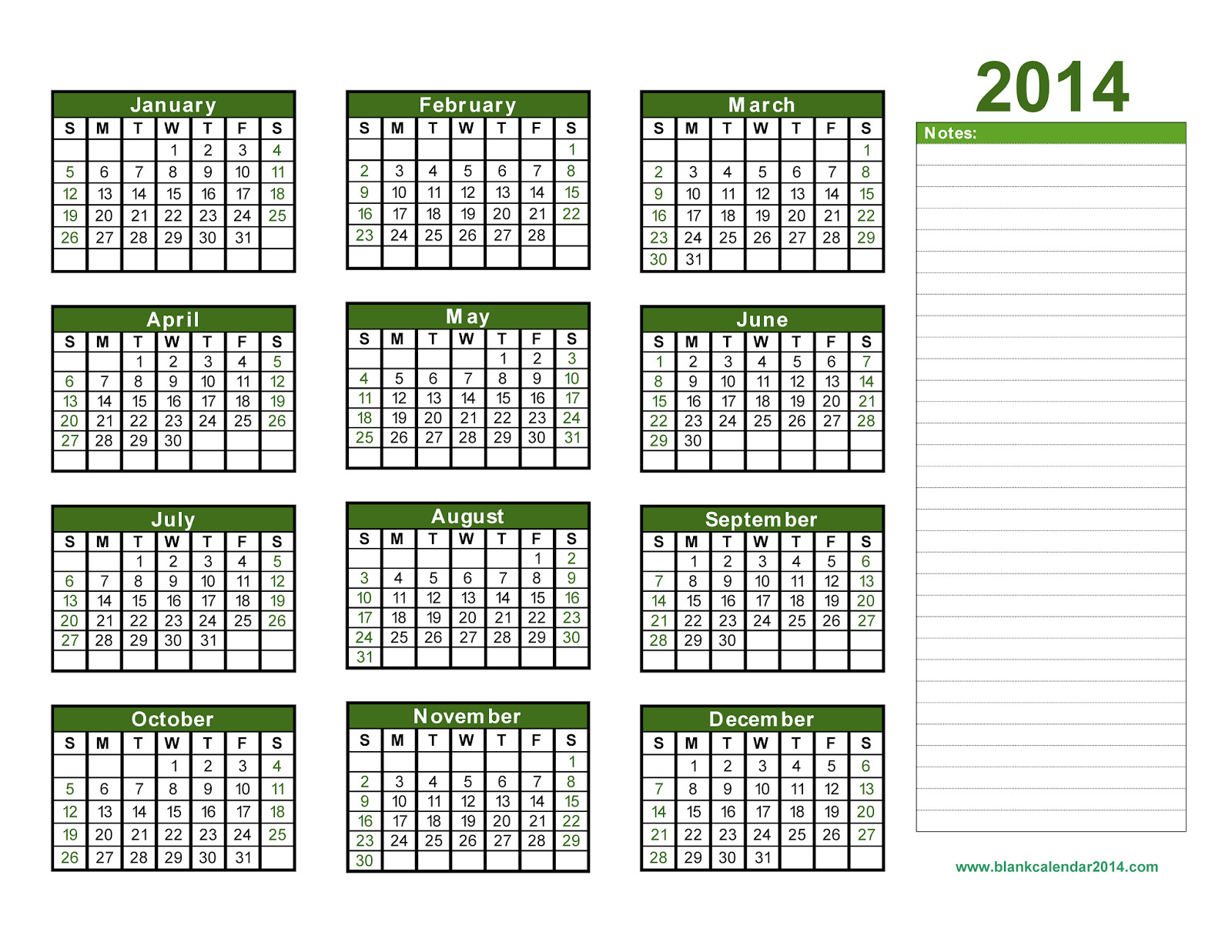 Annual Calendar Template 2014 Yearly Calendar 2014 Printable Calendar 2014 Blank