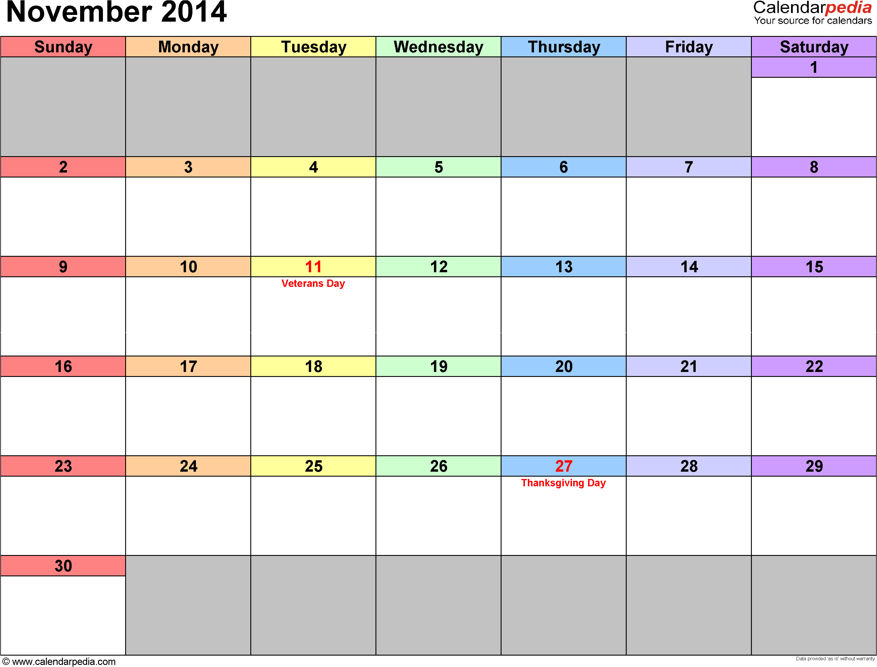 Blank Calendar Template November 2014 November 2014 Calendars for Word Excel Pdf