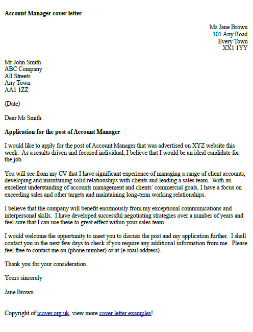 British Cover Letter Examples Account Manager Cover Letter Example Icover org Uk