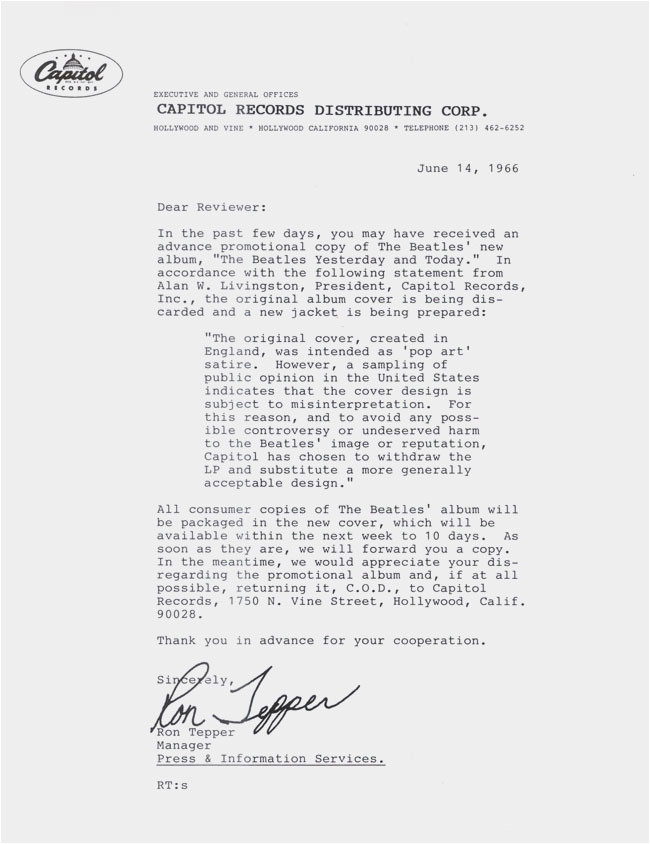Butcher Cover Letter Yesterday and today United States 1966 About the Beatles