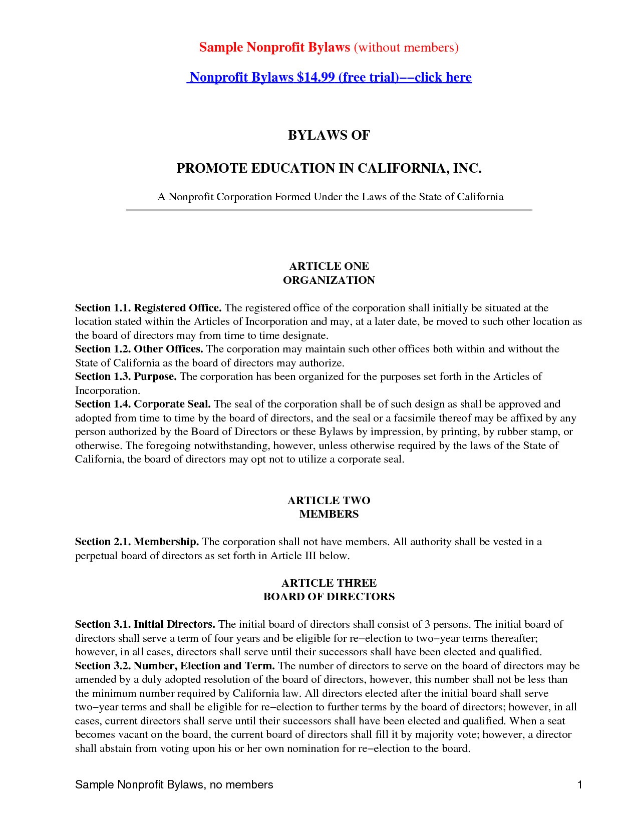 Bylaws for Nonprofit organizations Template williamson ga us